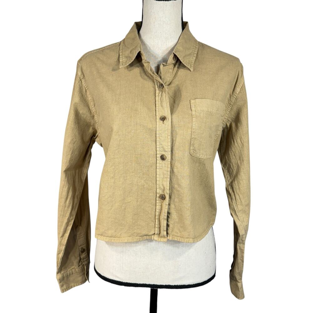 Universal Thread Medium Cropped Top Button-Up Long Sleeve Pockets Linen Blend